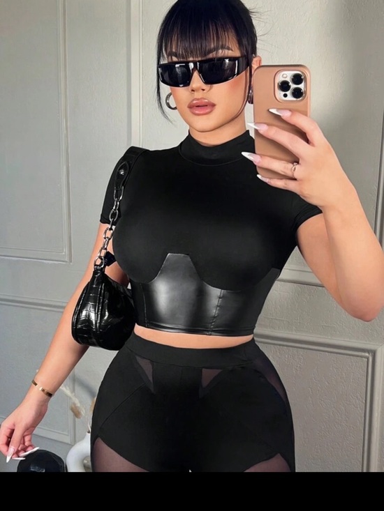 SHEIN Tops - SHEIN Black High-Neck Faux-Leather Panel Crop Top
